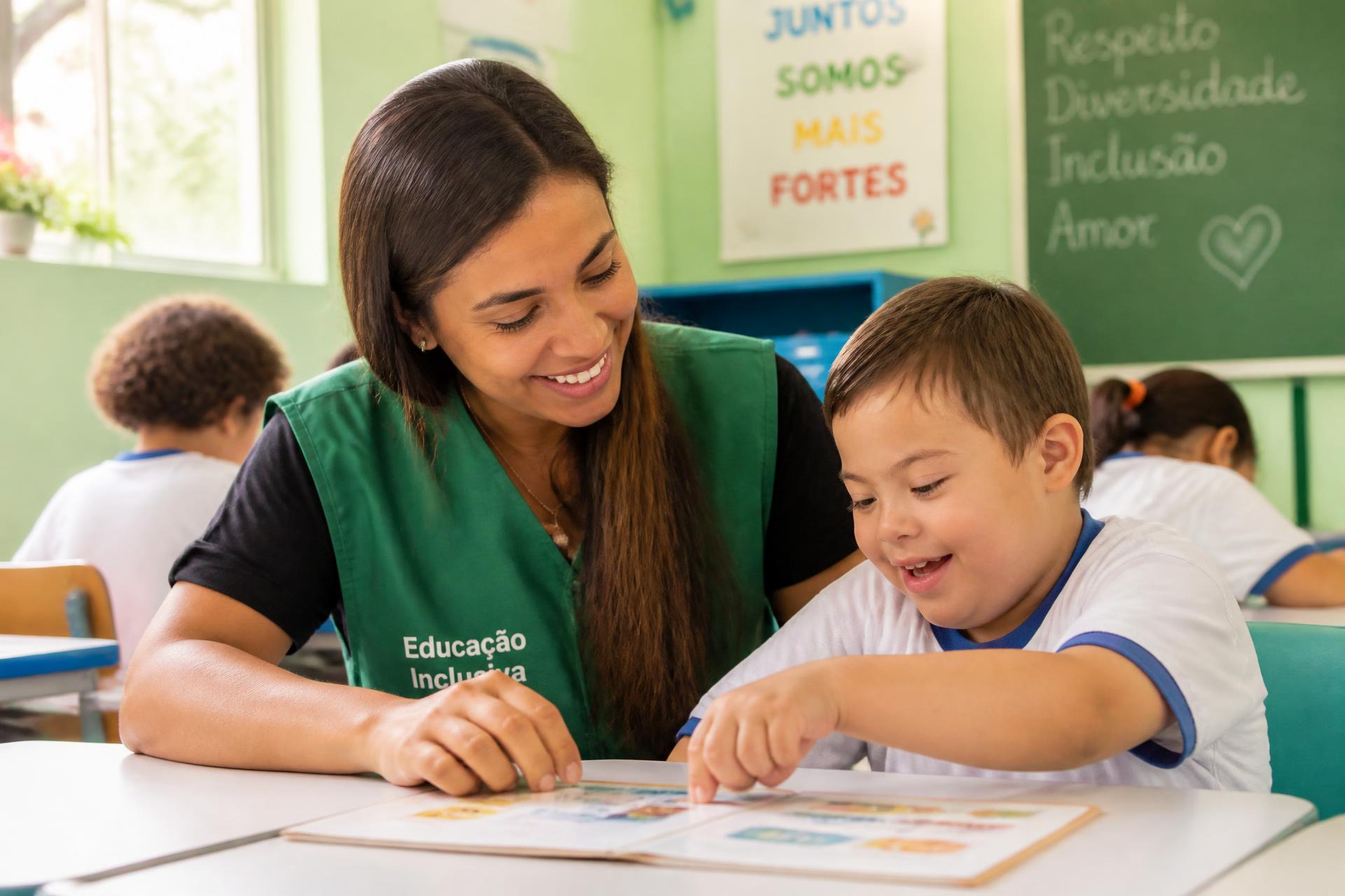 Educadora e criança em atividade pedagógica inclusiva